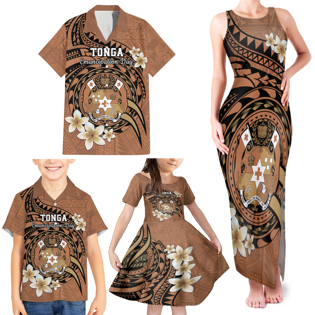 Personalised Tonga Emancipation Day Family Matching Tank Maxi Dress and Hawaiian Shirt Tongan Ngatu Pattern - Brown Version