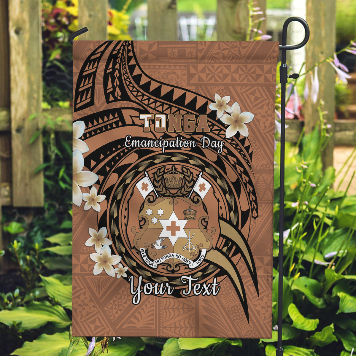 Personalised Tonga Emancipation Day Garden Flag Tongan Ngatu Pattern - Brown Version