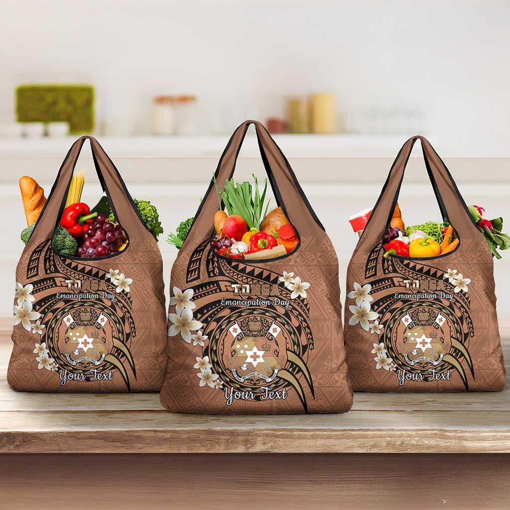 Personalised Tonga Emancipation Day Grocery Bag Tongan Ngatu Pattern - Brown Version LT14 3-pack One Size Brown - Polynesian Pride