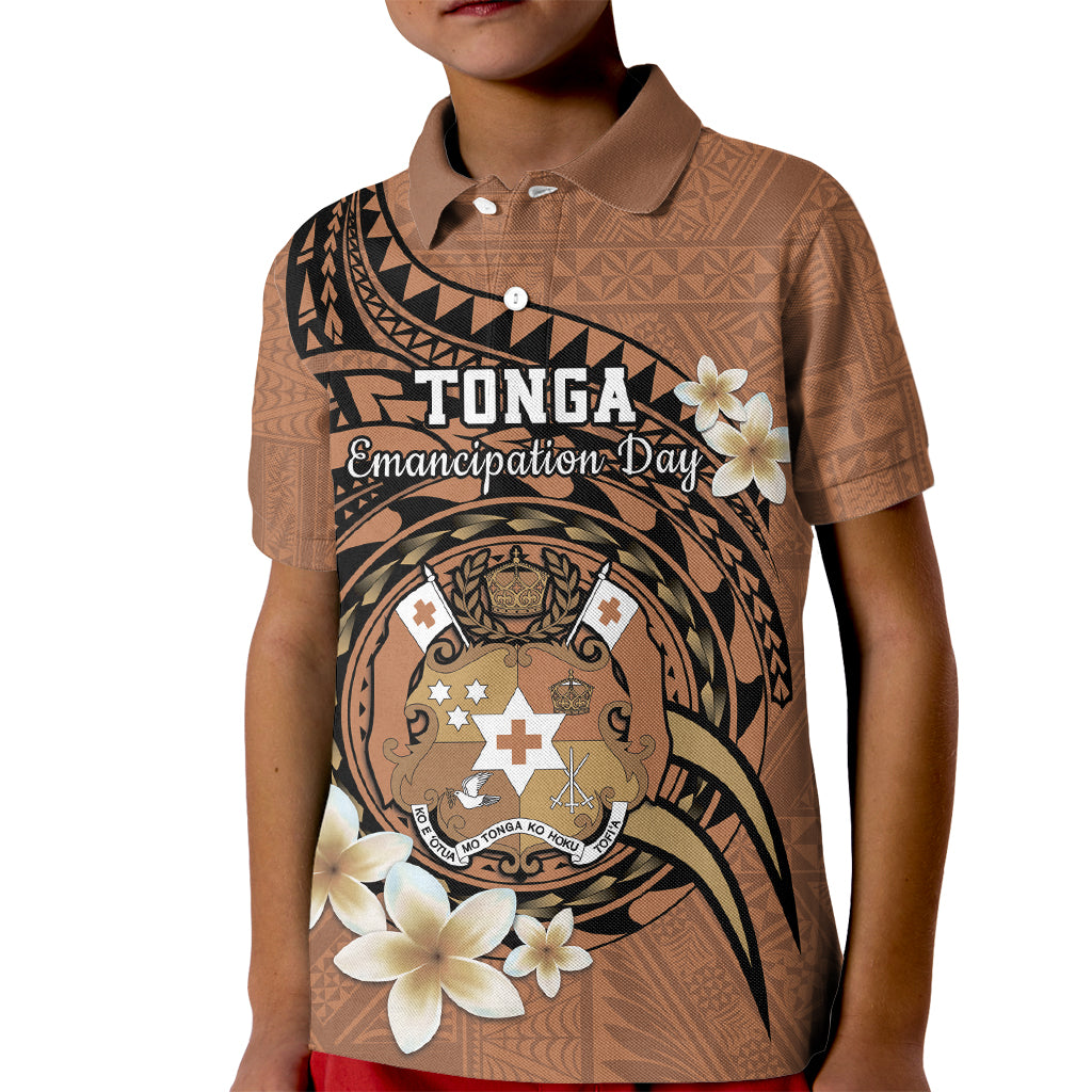 Personalised Tonga Emancipation Day Kid Polo Shirt Tongan Ngatu Pattern - Brown Version