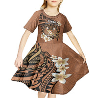 Personalised Tonga Emancipation Day Kid Short Sleeve Dress Tongan Ngatu Pattern - Brown Version
