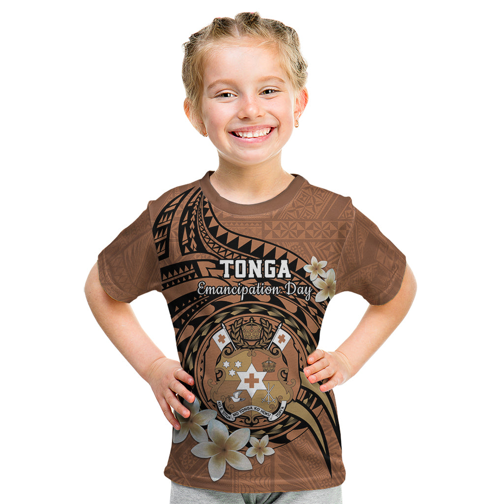 Personalised Tonga Emancipation Day Kid T Shirt Tongan Ngatu Pattern - Brown Version