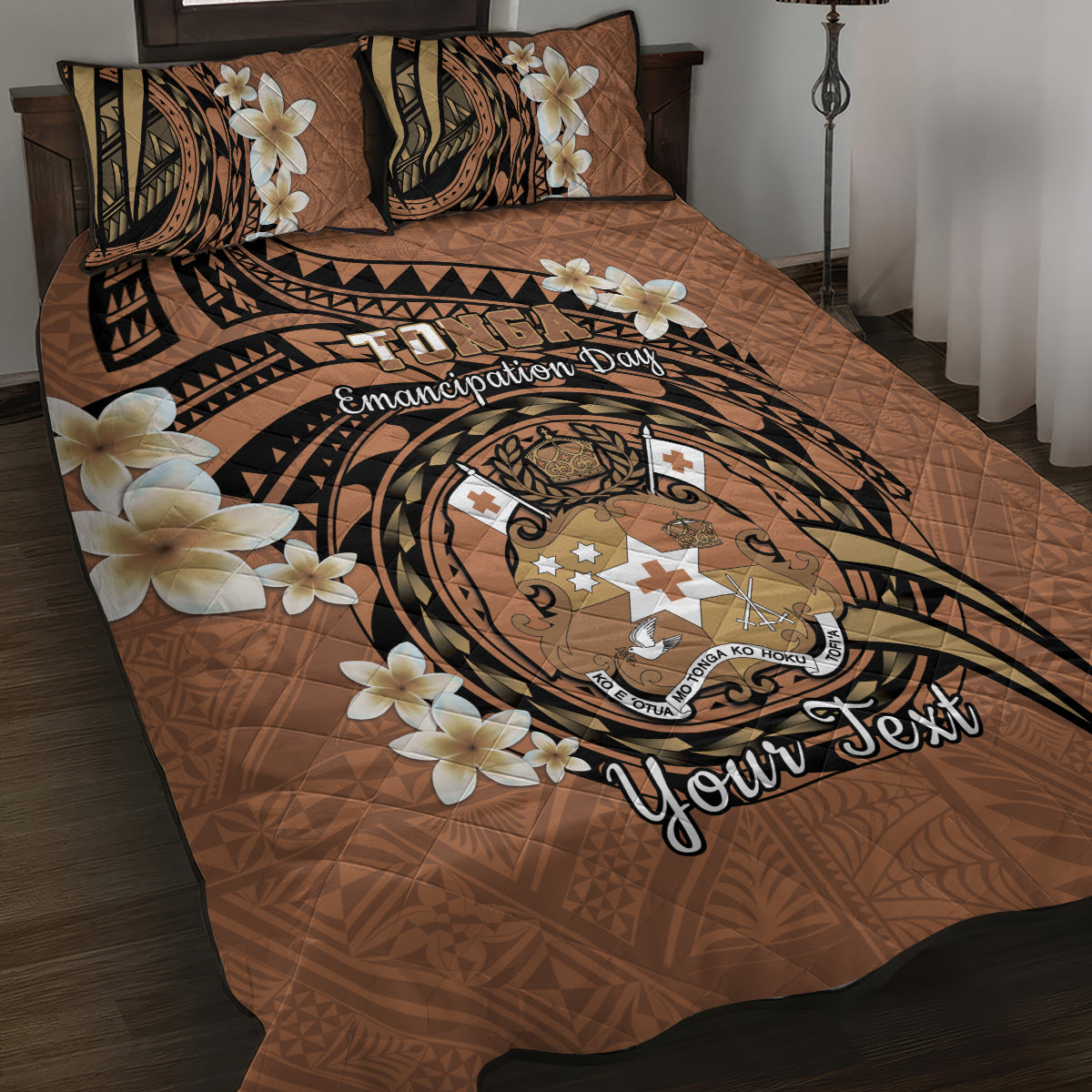 Personalised Tonga Emancipation Day Quilt Bed Set Tongan Ngatu Pattern - Brown Version