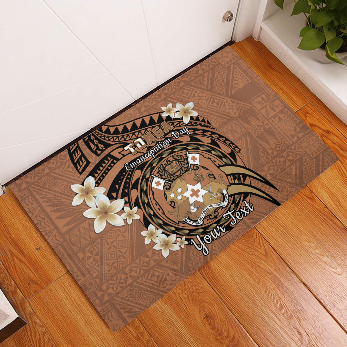 Personalised Tonga Emancipation Day Rubber Doormat Tongan Ngatu Pattern - Brown Version