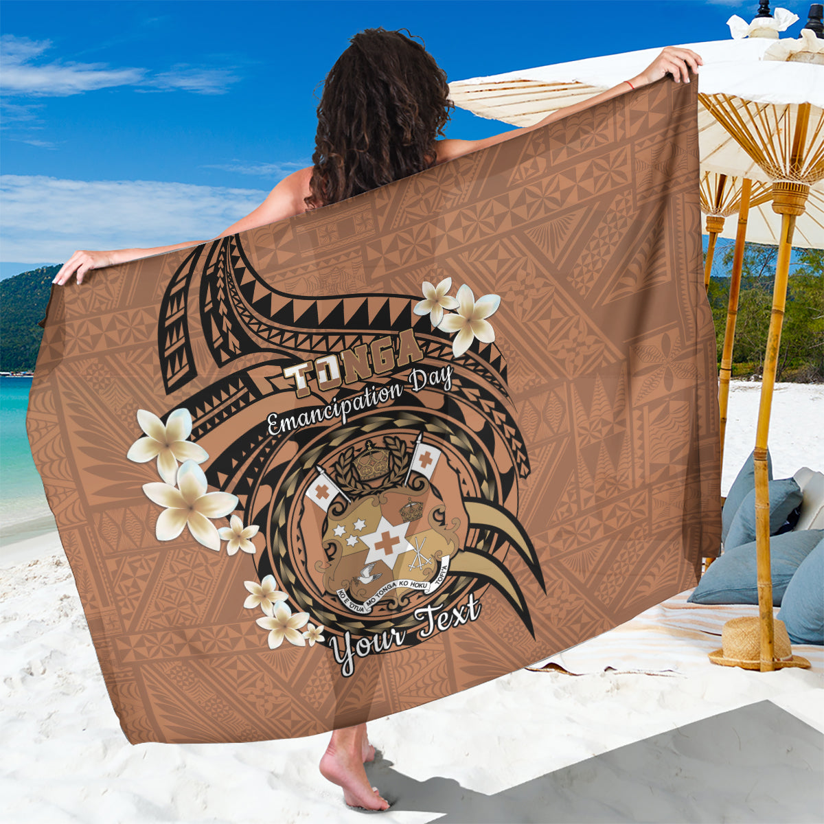 Personalised Tonga Emancipation Day Sarong Tongan Ngatu Pattern - Brown Version