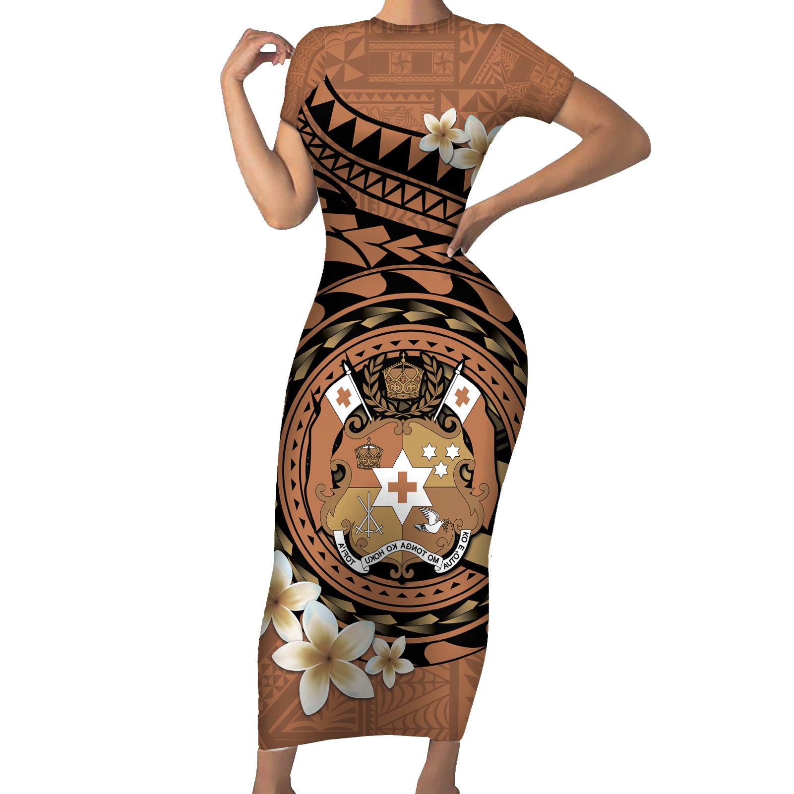 Personalised Tonga Emancipation Day Short Sleeve Bodycon Dress Tongan Ngatu Pattern - Brown Version