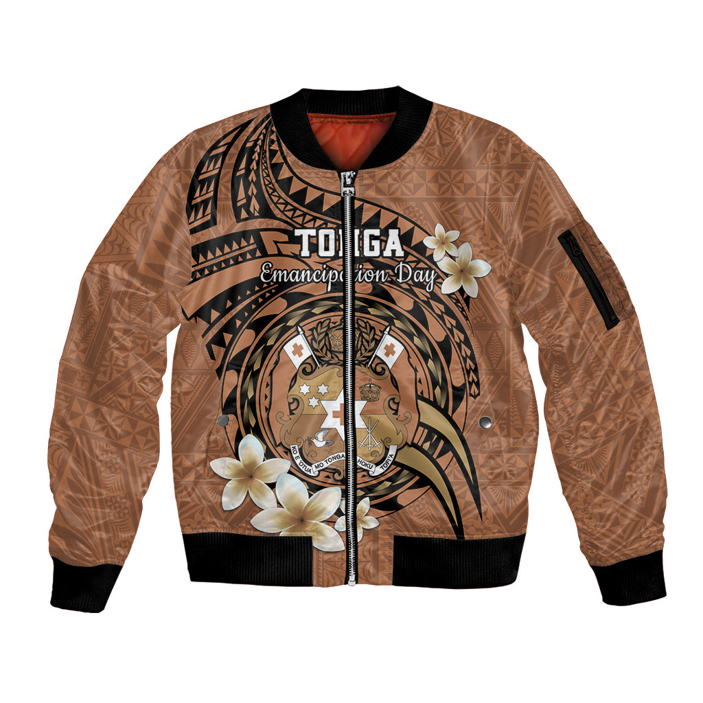 Personalised Tonga Emancipation Day Sleeve Zip Bomber Jacket Tongan Ngatu Pattern - Brown Version