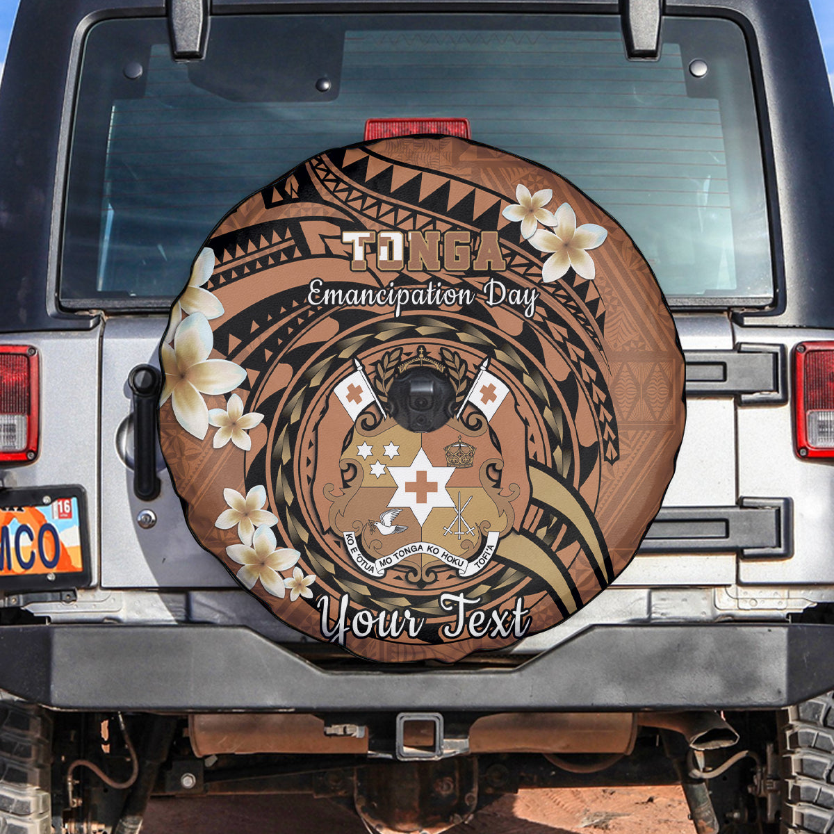 Personalised Tonga Emancipation Day Spare Tire Cover Tongan Ngatu Pattern - Brown Version