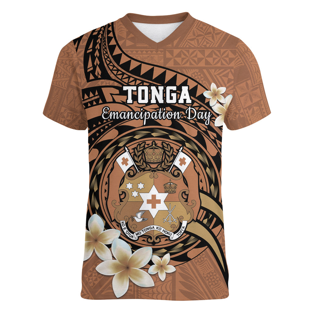 Personalised Tonga Emancipation Day Women V-Neck T-Shirt Tongan Ngatu Pattern - Brown Version