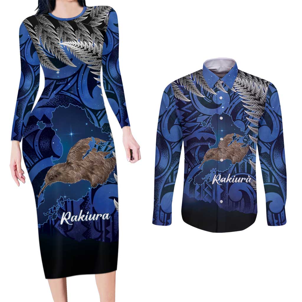 New Zealand Stewart Island Couples Matching Long Sleeve Bodycon Dress and Long Sleeve Button Shirt Rakiura Kiwi Maori Glowing Sky