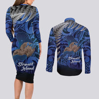 New Zealand Stewart Island Couples Matching Long Sleeve Bodycon Dress and Long Sleeve Button Shirt Rakiura Kiwi Maori Glowing Sky