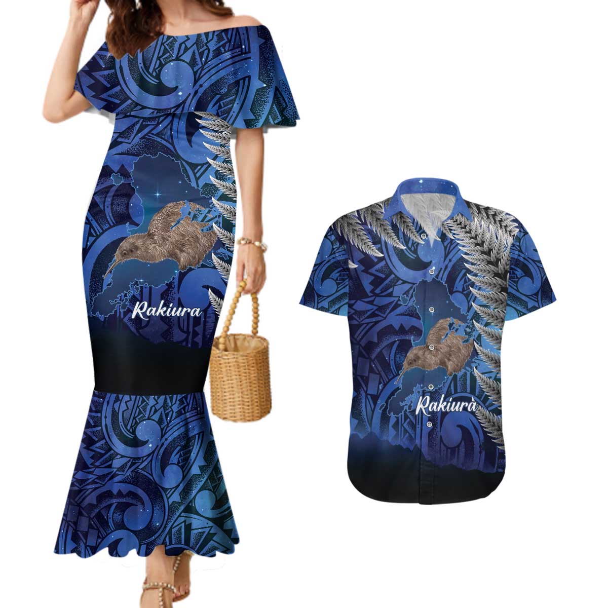 New Zealand Stewart Island Couples Matching Mermaid Dress and Hawaiian Shirt Rakiura Kiwi Maori Glowing Sky