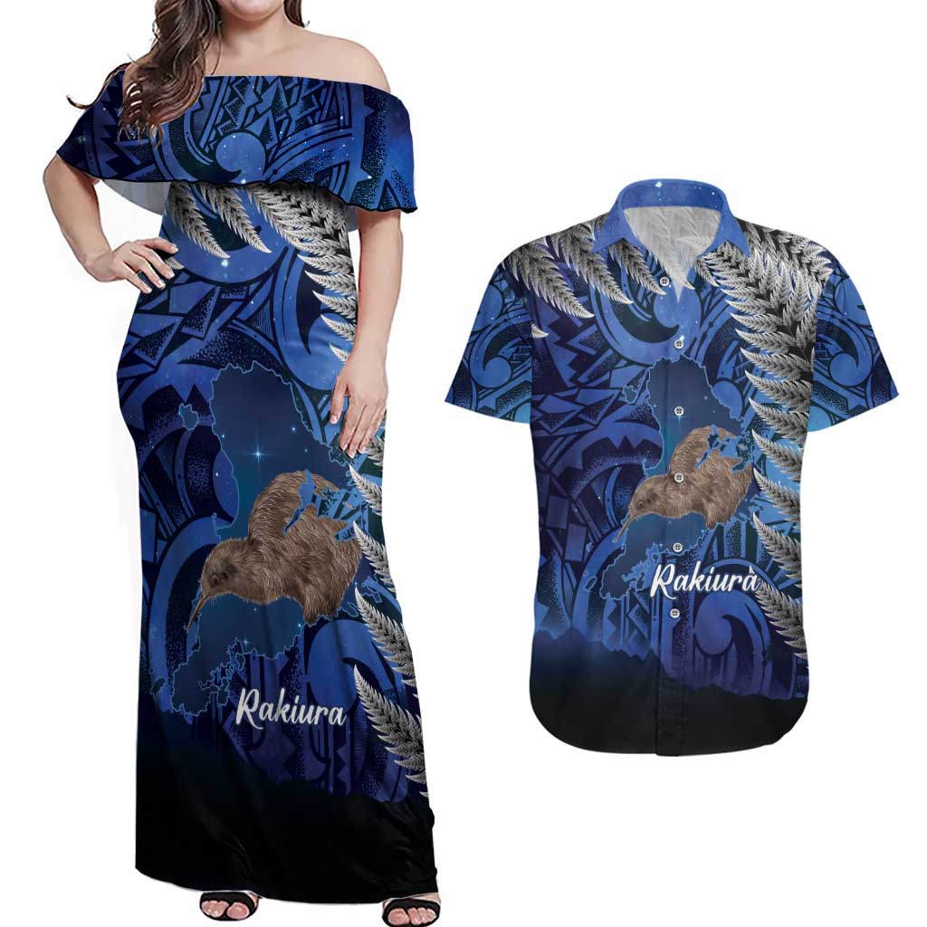 New Zealand Stewart Island Couples Matching Off Shoulder Maxi Dress and Hawaiian Shirt Rakiura Kiwi Maori Glowing Sky