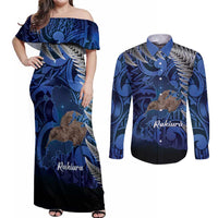 New Zealand Stewart Island Couples Matching Off Shoulder Maxi Dress and Long Sleeve Button Shirt Rakiura Kiwi Maori Glowing Sky