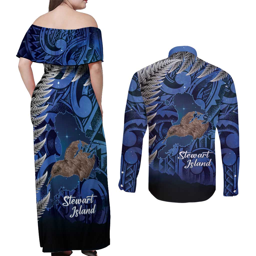 New Zealand Stewart Island Couples Matching Off Shoulder Maxi Dress and Long Sleeve Button Shirt Rakiura Kiwi Maori Glowing Sky