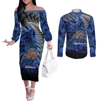 New Zealand Stewart Island Couples Matching Off The Shoulder Long Sleeve Dress and Long Sleeve Button Shirt Rakiura Kiwi Maori Glowing Sky
