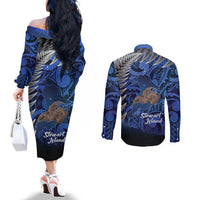 New Zealand Stewart Island Couples Matching Off The Shoulder Long Sleeve Dress and Long Sleeve Button Shirt Rakiura Kiwi Maori Glowing Sky