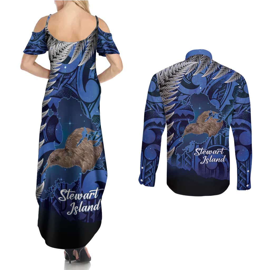New Zealand Stewart Island Couples Matching Summer Maxi Dress and Long Sleeve Button Shirt Rakiura Kiwi Maori Glowing Sky