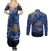 New Zealand Stewart Island Couples Matching Summer Maxi Dress and Long Sleeve Button Shirt Rakiura Kiwi Maori Glowing Sky