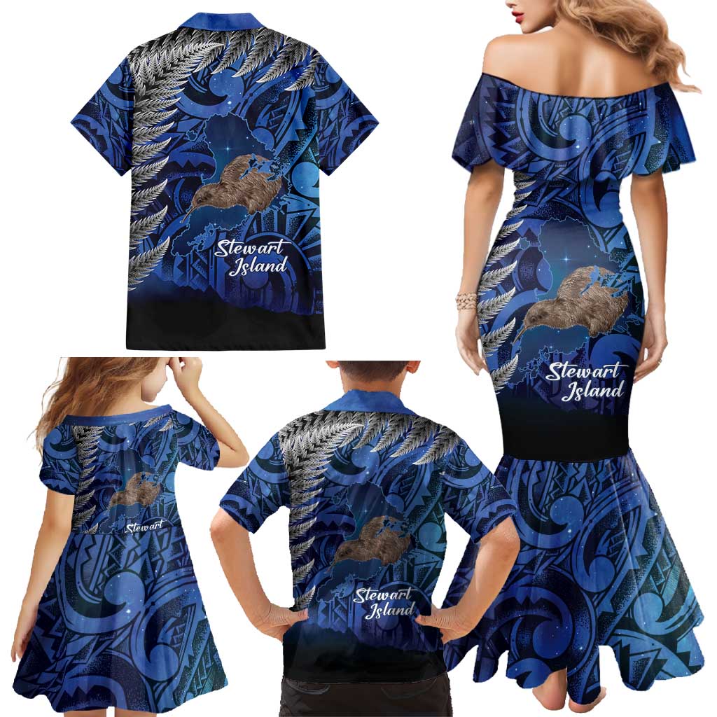 New Zealand Stewart Island Family Matching Mermaid Dress and Hawaiian Shirt Rakiura Kiwi Maori Glowing Sky
