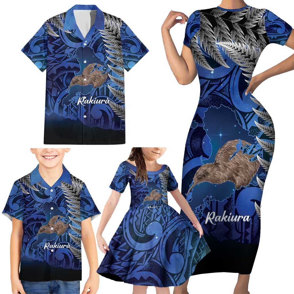 New Zealand Stewart Island Family Matching Short Sleeve Bodycon Dress and Hawaiian Shirt Rakiura Kiwi Maori Glowing Sky