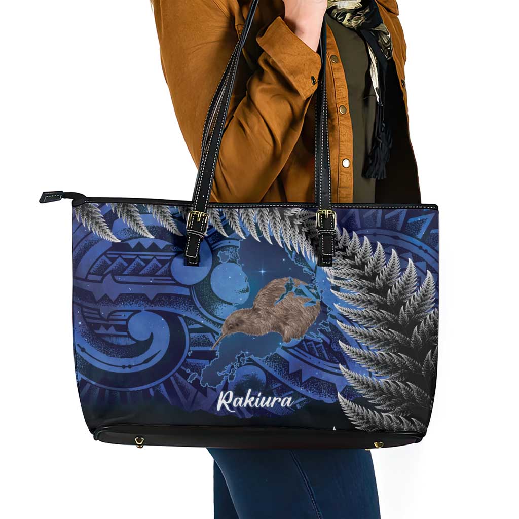 New Zealand Stewart Island Leather Tote Bag Rakiura Kiwi Maori Glowing Sky