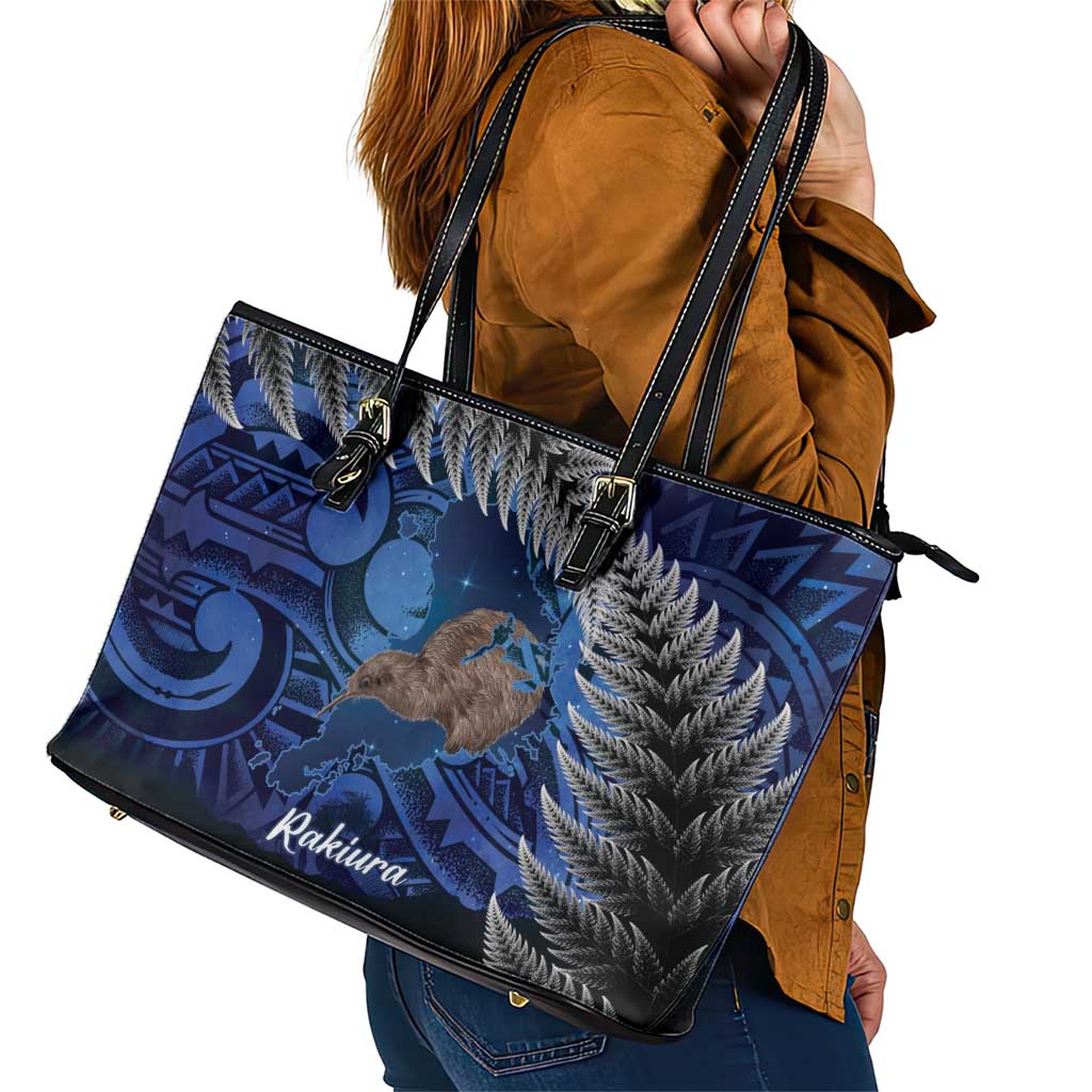 New Zealand Stewart Island Leather Tote Bag Rakiura Kiwi Maori Glowing Sky