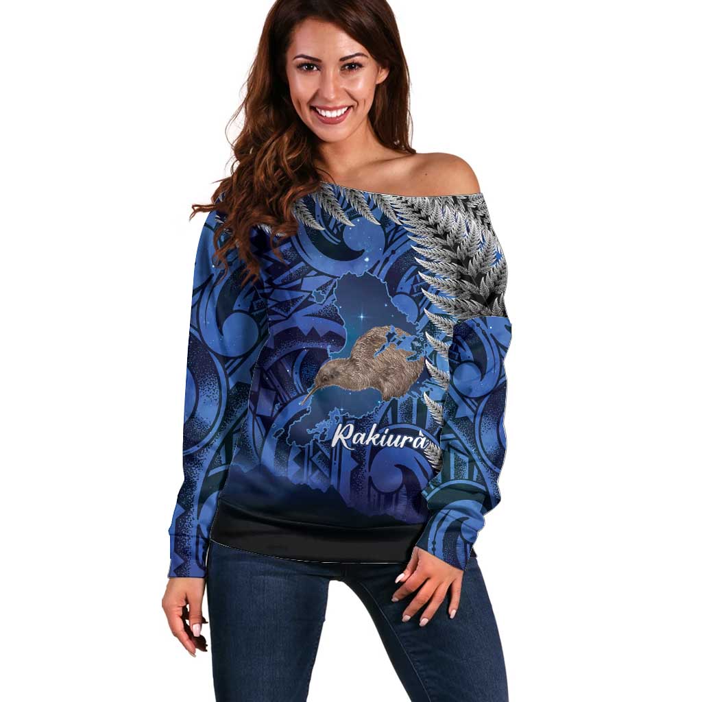 New Zealand Stewart Island Off Shoulder Sweater Rakiura Kiwi Maori Glowing Sky