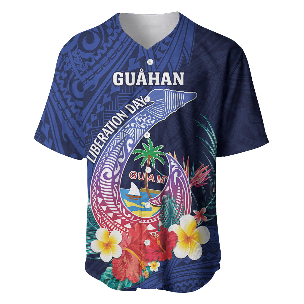 Personalised Guam Liberation Day Baseball Jersey Happy 80th Anniversary Fish Hook Mix Tropical Flowers