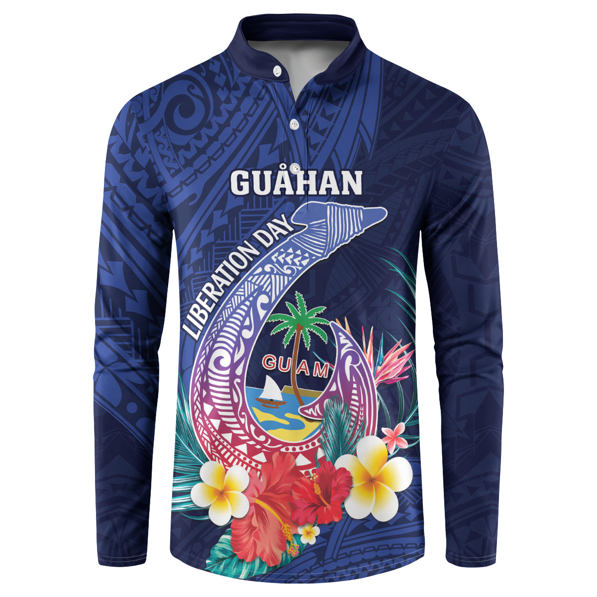 Personalised Guam Liberation Day Button Sweatshirt Happy 80th Anniversary Fish Hook Mix Tropical Flowers