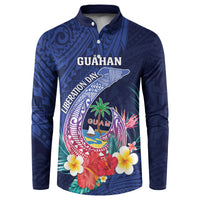 Personalised Guam Liberation Day Button Sweatshirt Happy 80th Anniversary Fish Hook Mix Tropical Flowers LT14 Blue - Polynesian Pride
