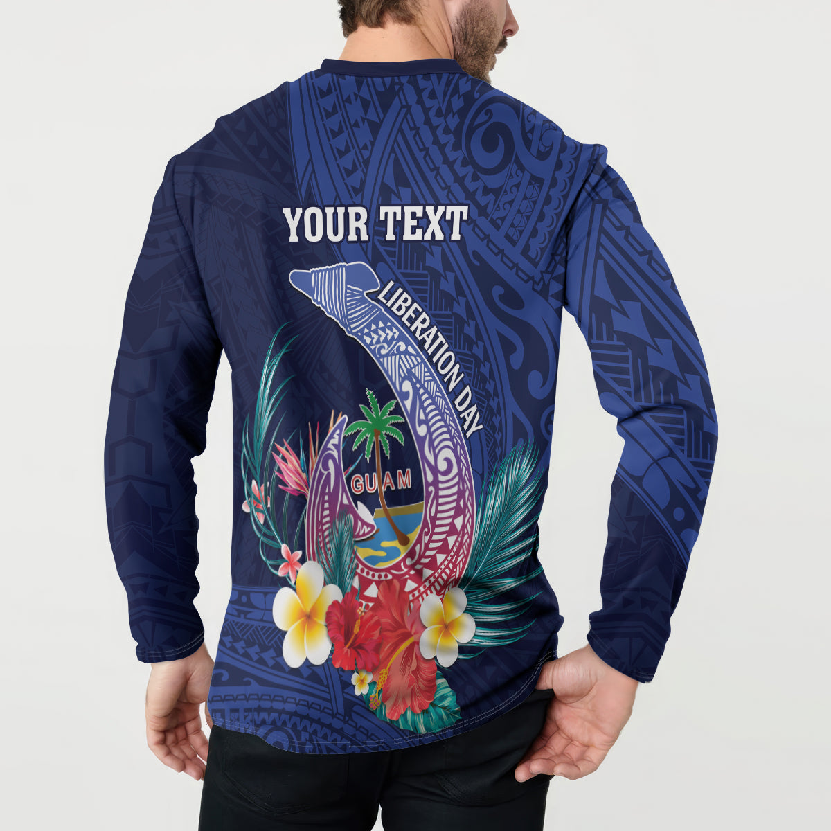 Personalised Guam Liberation Day Button Sweatshirt Happy 80th Anniversary Fish Hook Mix Tropical Flowers LT14 - Polynesian Pride