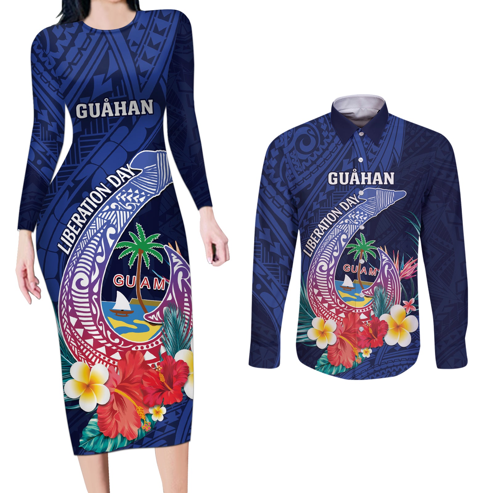 Personalised Guam Liberation Day Couples Matching Long Sleeve Bodycon Dress and Long Sleeve Button Shirt Happy 80th Anniversary Fish Hook Mix Tropical Flowers LT14 Blue - Polynesian Pride