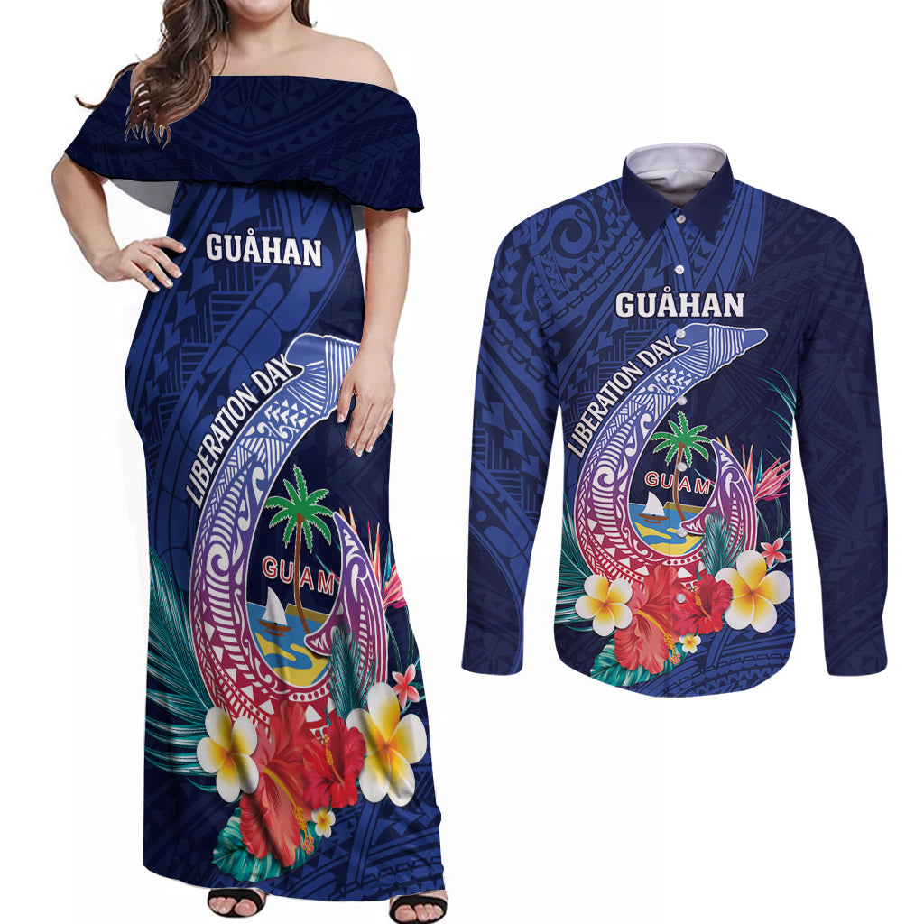 Personalised Guam Liberation Day Couples Matching Off Shoulder Maxi Dress and Long Sleeve Button Shirt Happy 80th Anniversary Fish Hook Mix Tropical Flowers