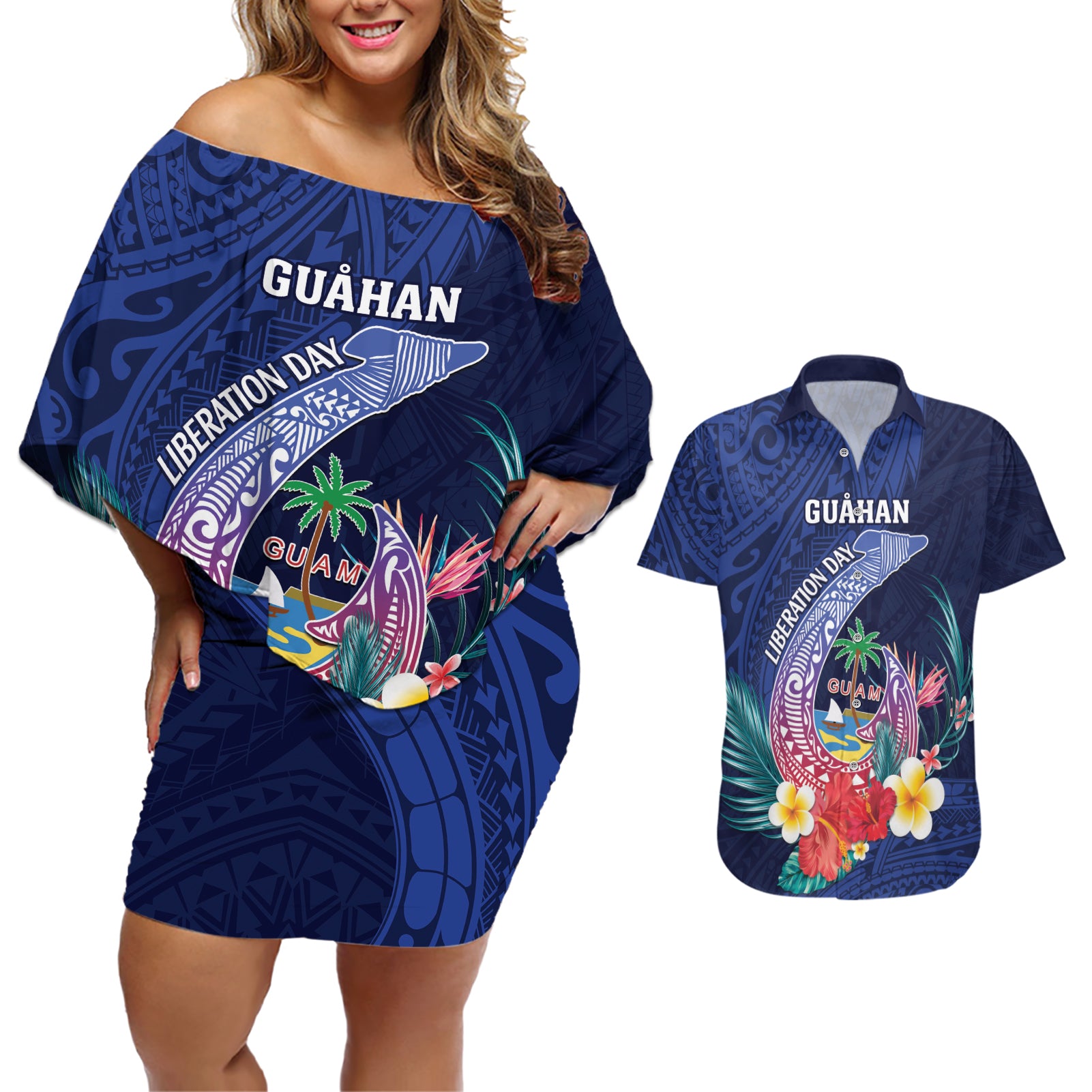 Personalised Guam Liberation Day Couples Matching Off Shoulder Short Dress and Hawaiian Shirt Happy 80th Anniversary Fish Hook Mix Tropical Flowers