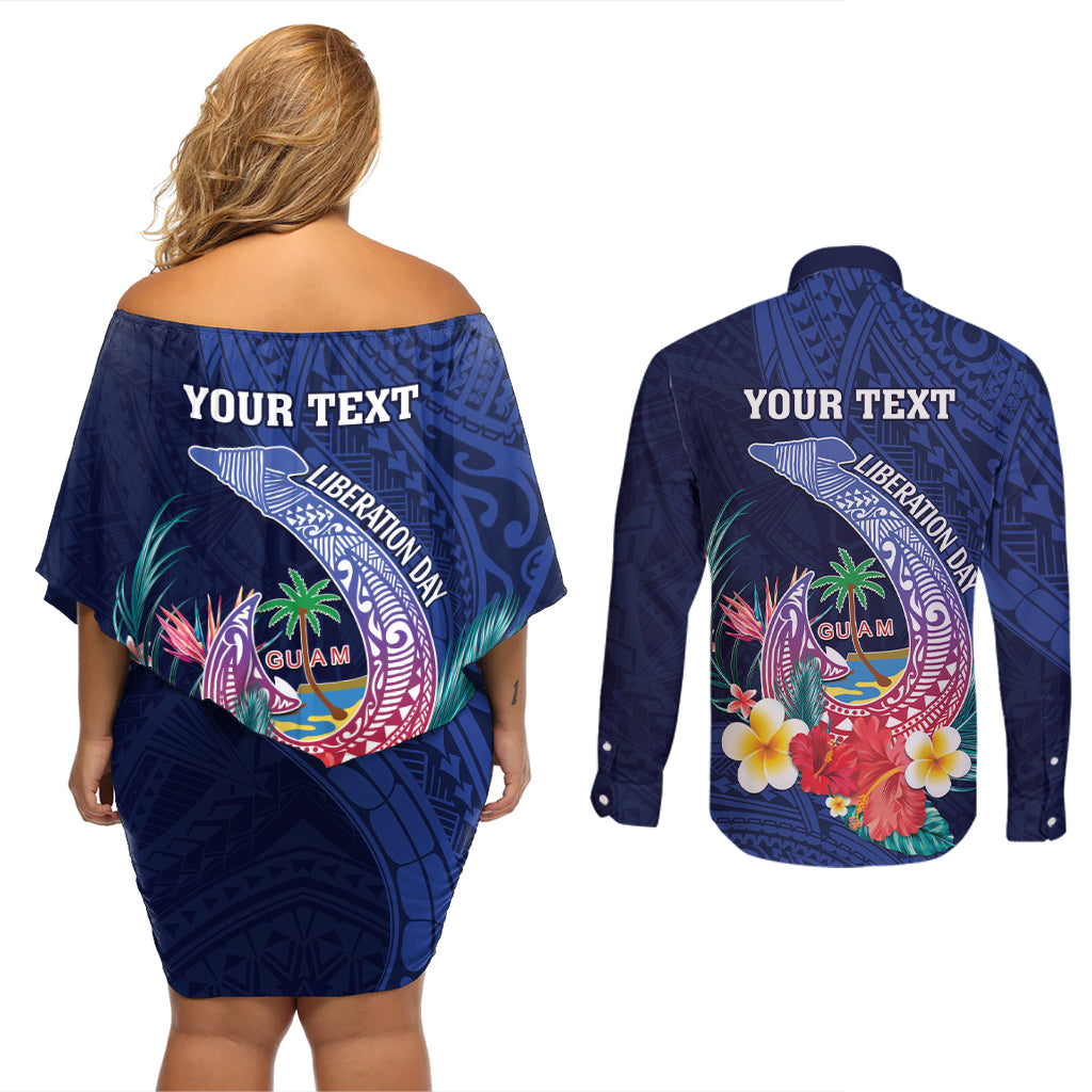 Personalised Guam Liberation Day Couples Matching Off Shoulder Short Dress and Long Sleeve Button Shirt Happy 80th Anniversary Fish Hook Mix Tropical Flowers