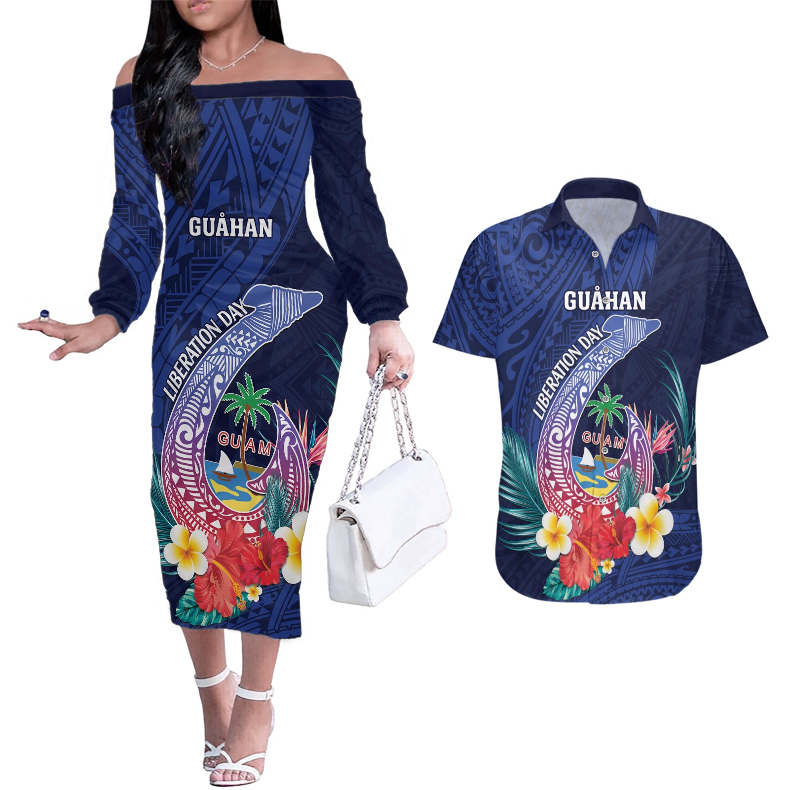 Personalised Guam Liberation Day Couples Matching Off The Shoulder Long Sleeve Dress and Hawaiian Shirt Happy 80th Anniversary Fish Hook Mix Tropical Flowers