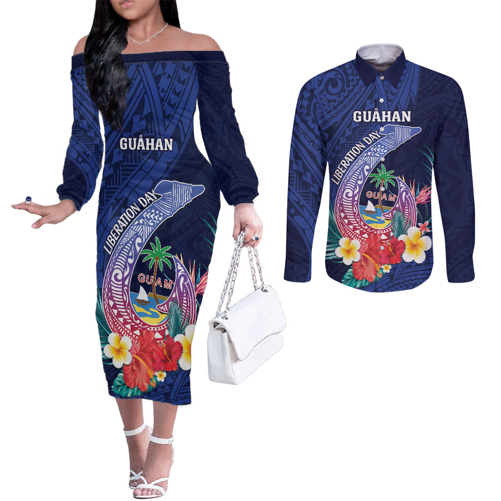 Personalised Guam Liberation Day Couples Matching Off The Shoulder Long Sleeve Dress and Long Sleeve Button Shirt Happy 80th Anniversary Fish Hook Mix Tropical Flowers