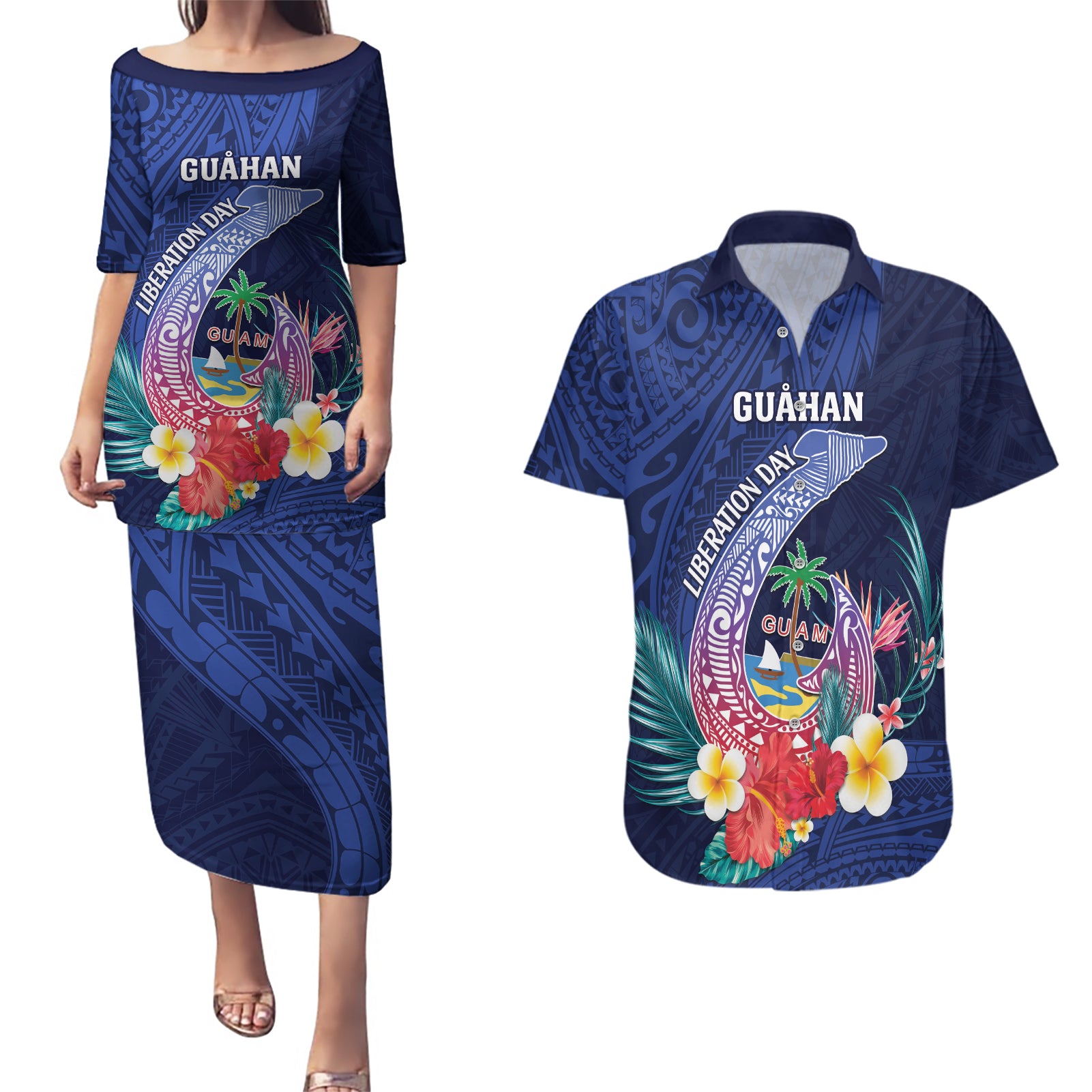 Personalised Guam Liberation Day Couples Matching Puletasi and Hawaiian Shirt Happy 80th Anniversary Fish Hook Mix Tropical Flowers