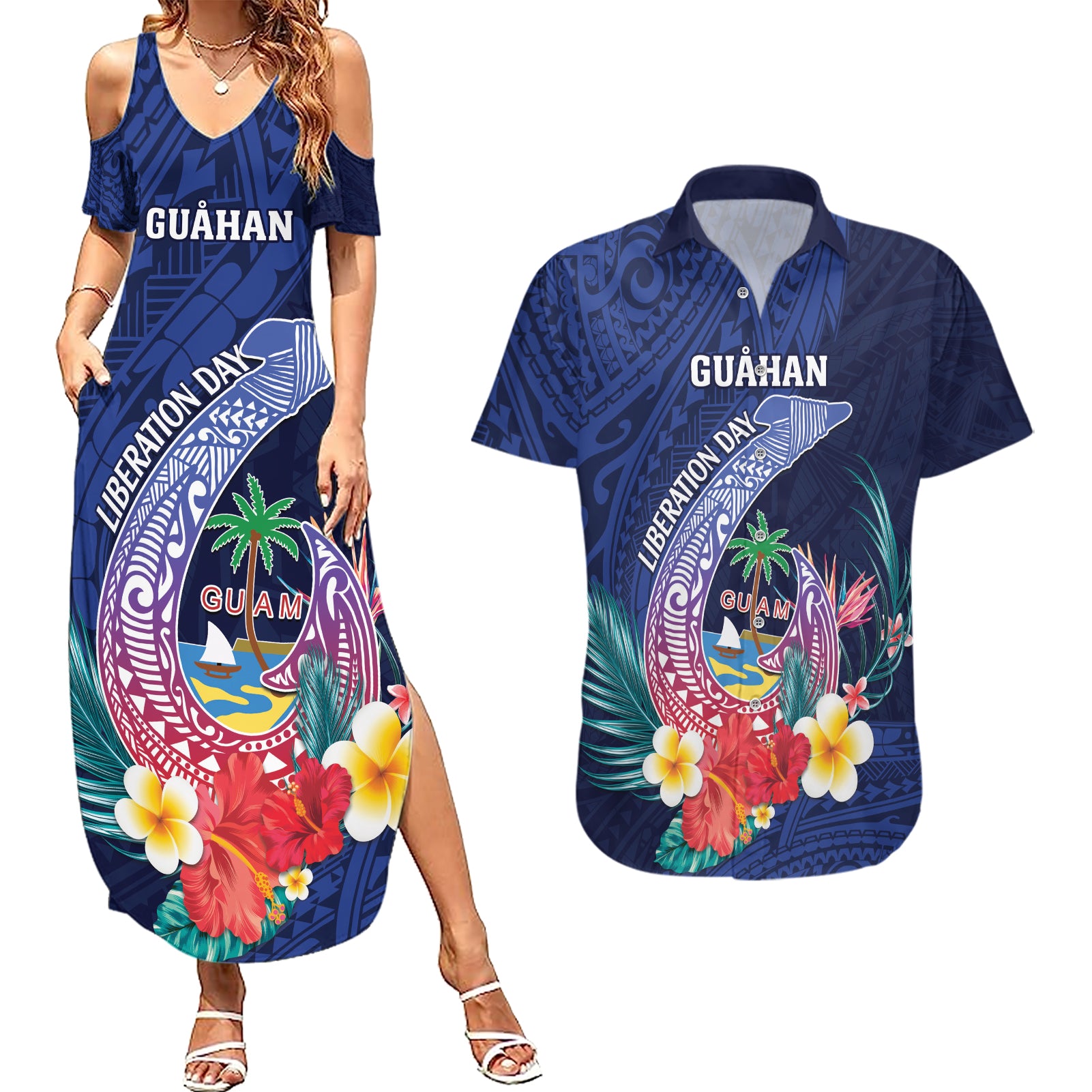 Personalised Guam Liberation Day Couples Matching Summer Maxi Dress and Hawaiian Shirt Happy 80th Anniversary Fish Hook Mix Tropical Flowers