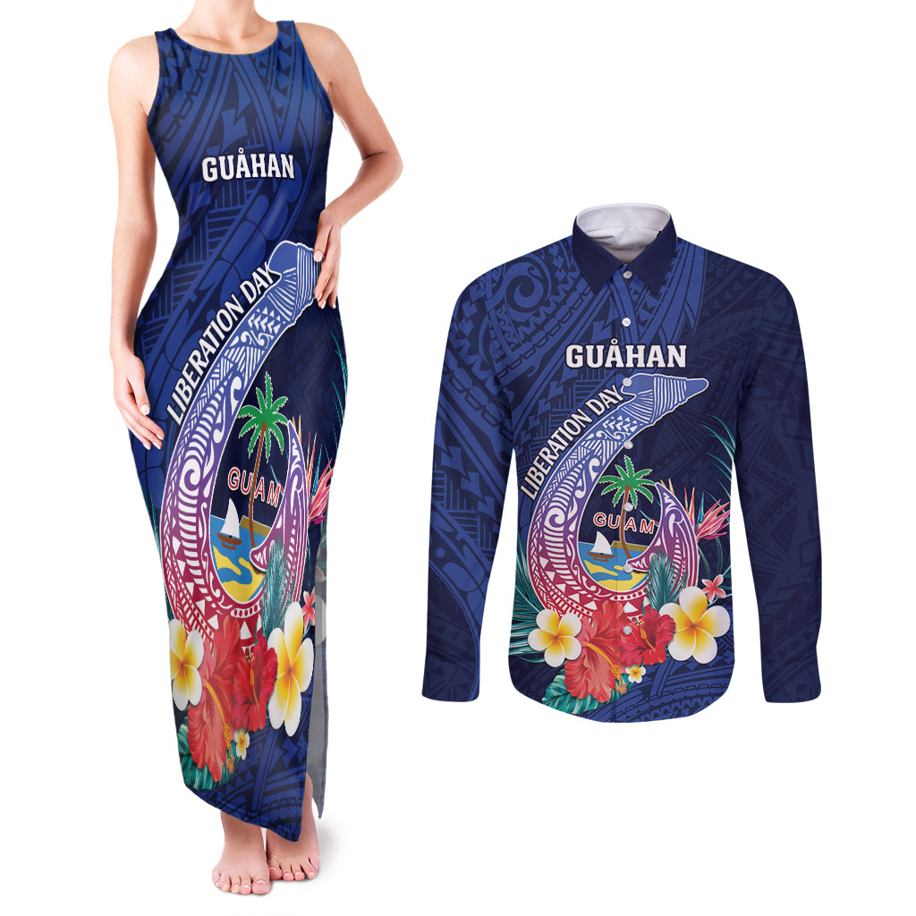 Personalised Guam Liberation Day Couples Matching Tank Maxi Dress and Long Sleeve Button Shirt Happy 80th Anniversary Fish Hook Mix Tropical Flowers