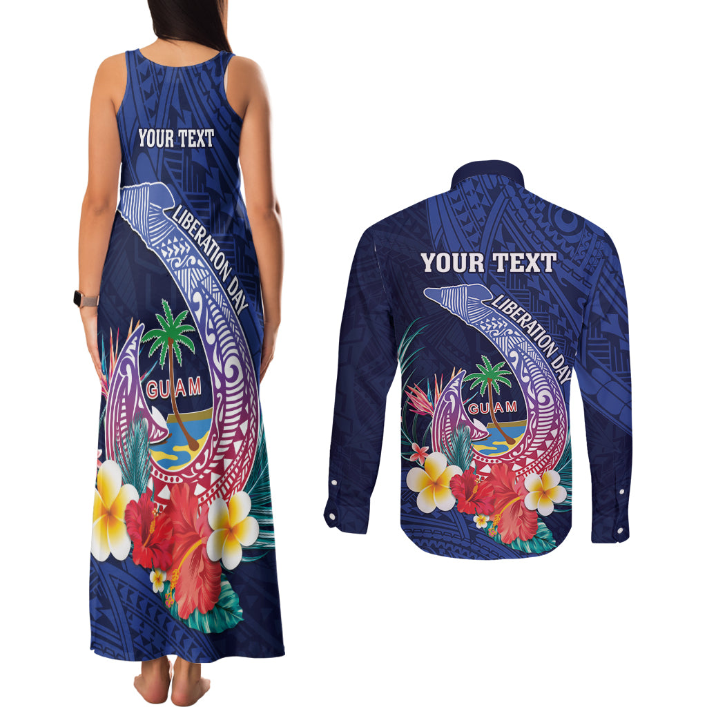 Personalised Guam Liberation Day Couples Matching Tank Maxi Dress and Long Sleeve Button Shirt Happy 80th Anniversary Fish Hook Mix Tropical Flowers