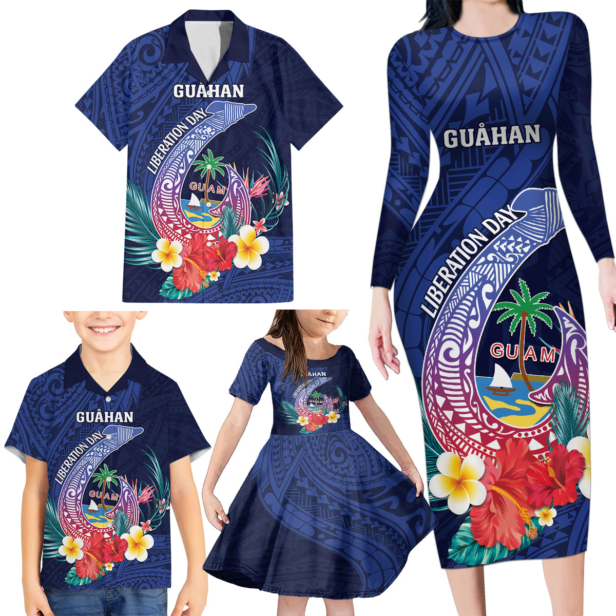 Personalised Guam Liberation Day Family Matching Long Sleeve Bodycon Dress and Hawaiian Shirt Happy 80th Anniversary Fish Hook Mix Tropical Flowers