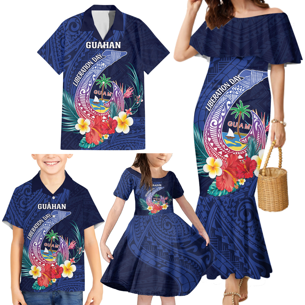 Personalised Guam Liberation Day Family Matching Mermaid Dress and Hawaiian Shirt Happy 80th Anniversary Fish Hook Mix Tropical Flowers