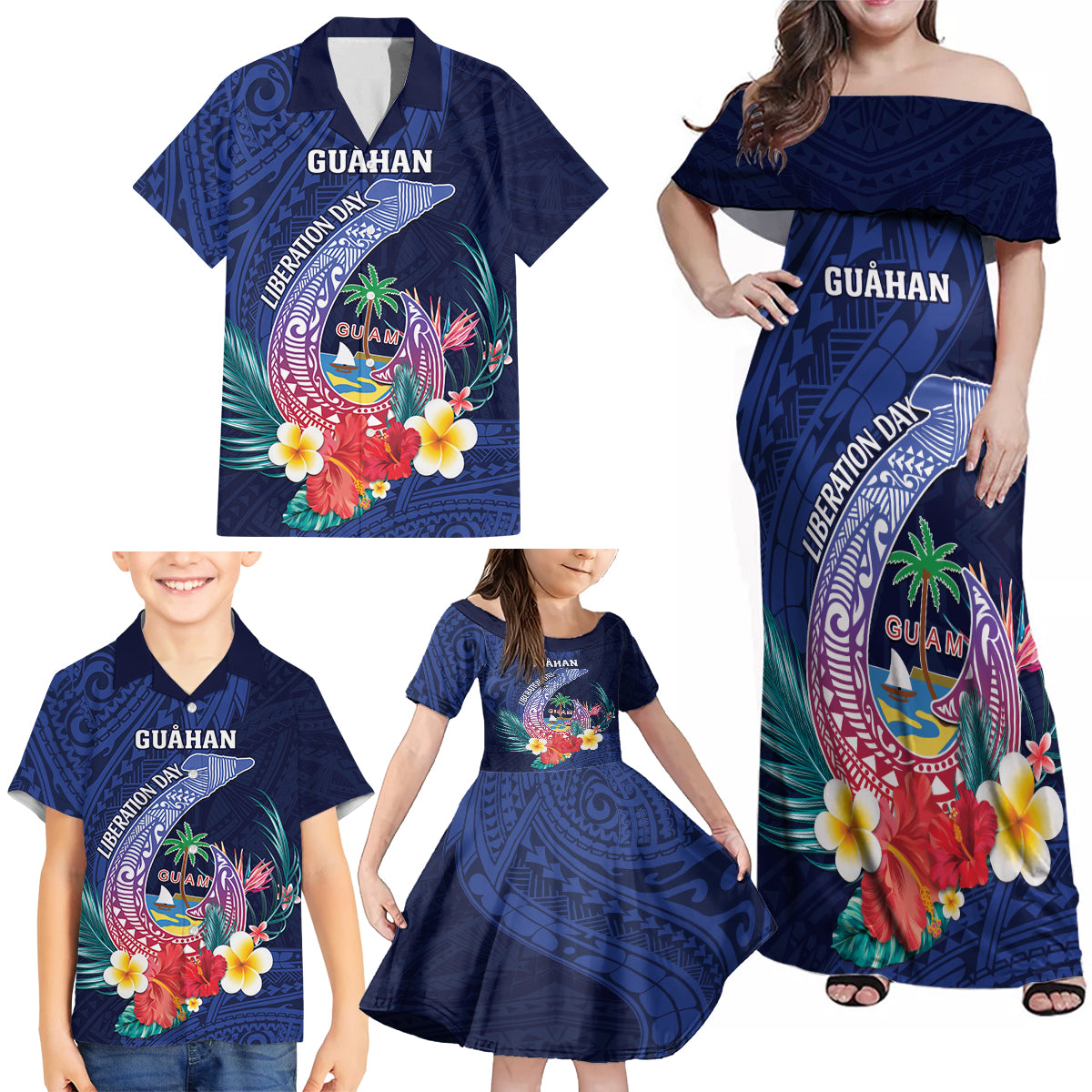 Personalised Guam Liberation Day Family Matching Off Shoulder Maxi Dress and Hawaiian Shirt Happy 80th Anniversary Fish Hook Mix Tropical Flowers