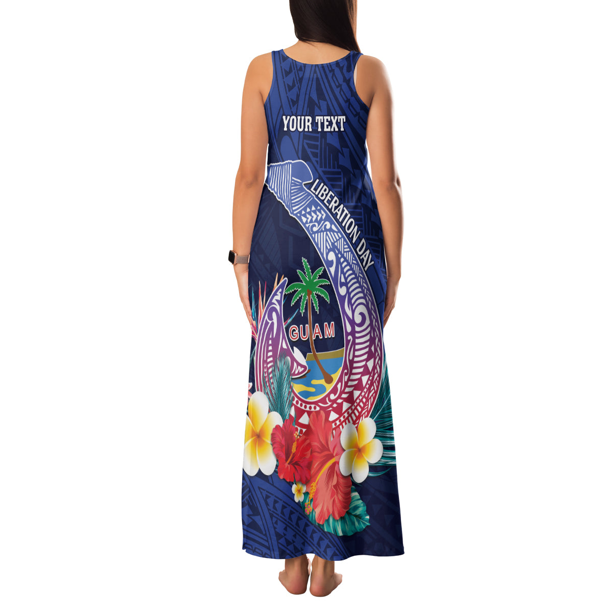 Personalised Guam Liberation Day Family Matching Tank Maxi Dress and Hawaiian Shirt Happy 80th Anniversary Fish Hook Mix Tropical Flowers
