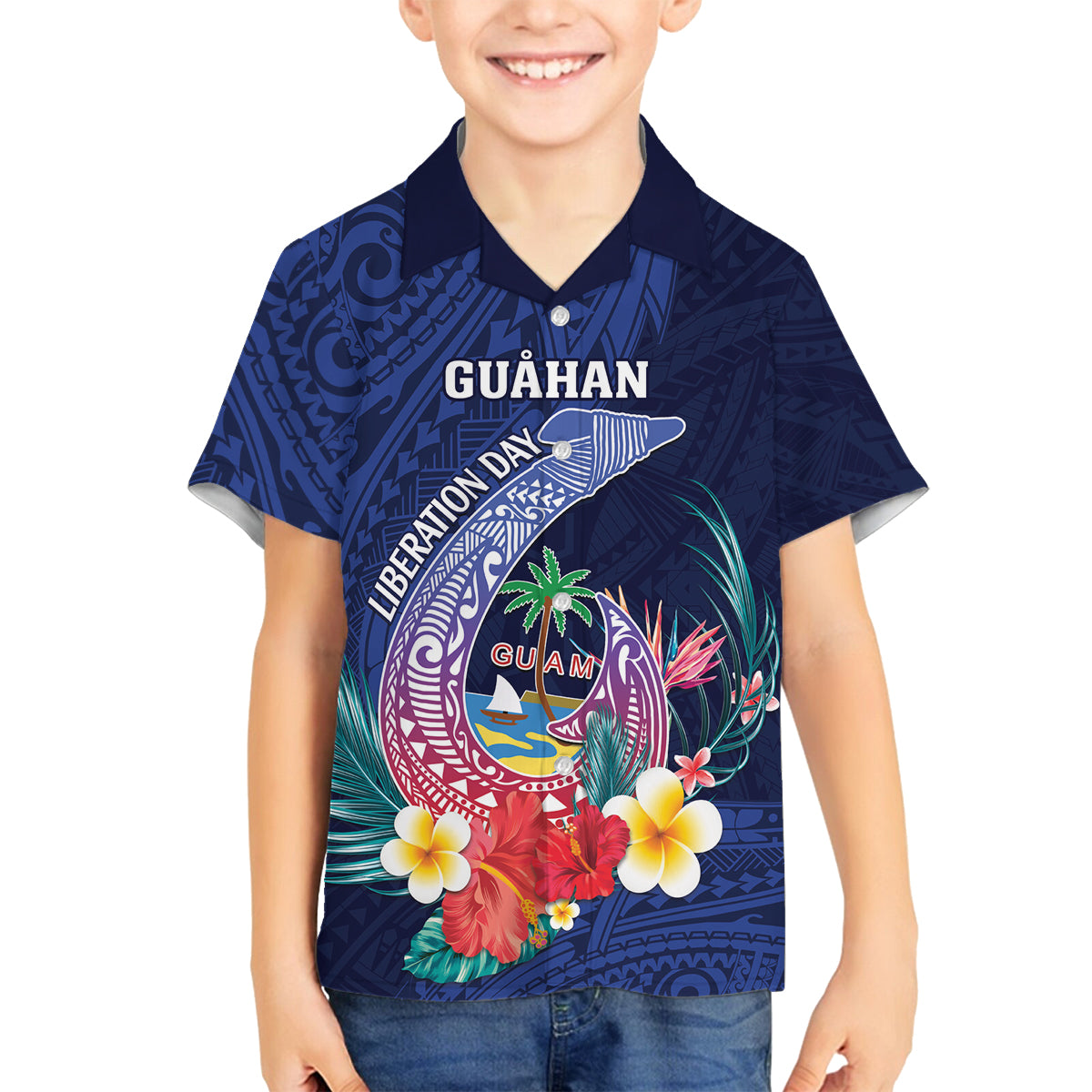 Personalised Guam Liberation Day Family Matching Tank Maxi Dress and Hawaiian Shirt Happy 80th Anniversary Fish Hook Mix Tropical Flowers