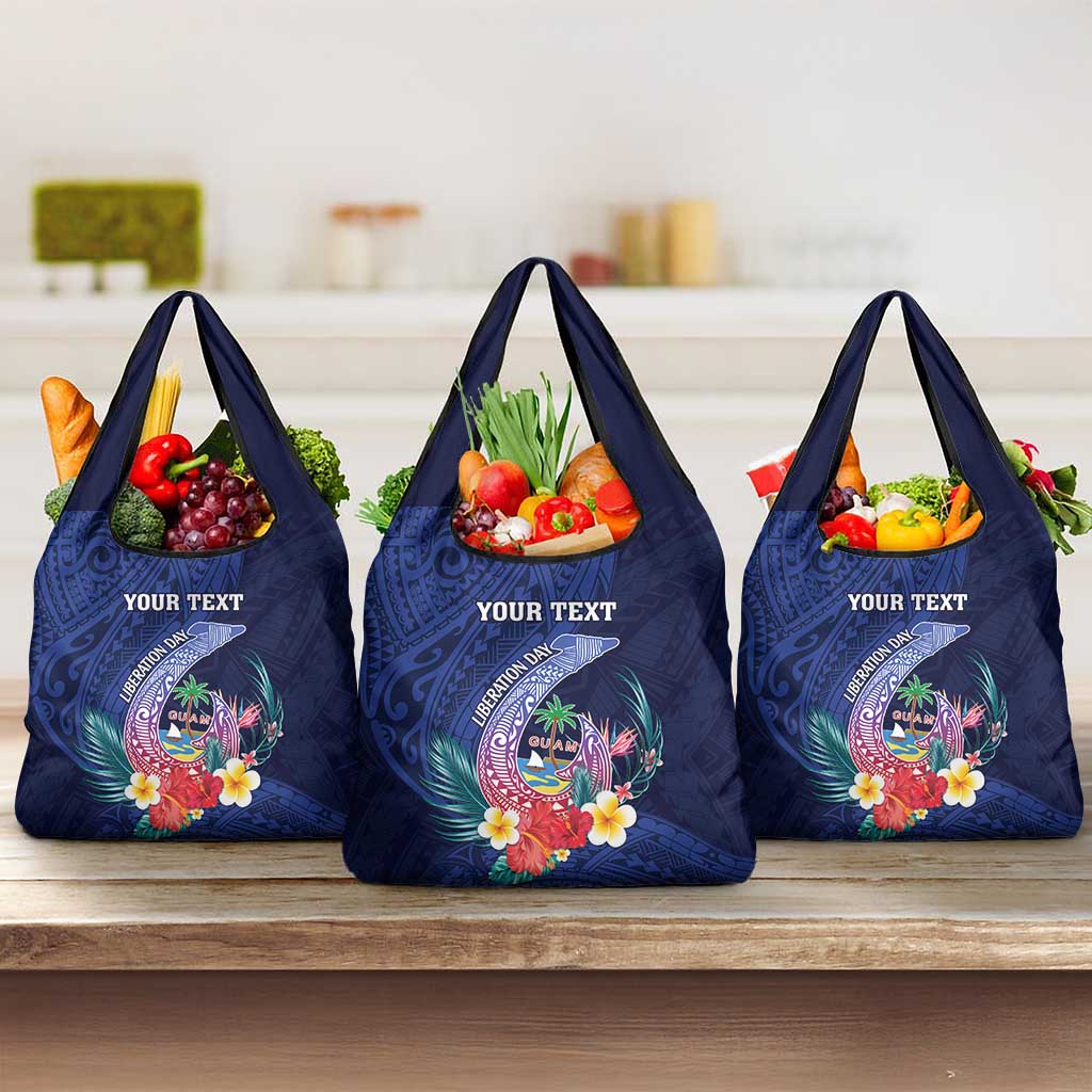 Personalised Guam Liberation Day Grocery Bag Happy 80th Anniversary Fish Hook Mix Tropical Flowers LT14 3-pack One Size Blue - Polynesian Pride