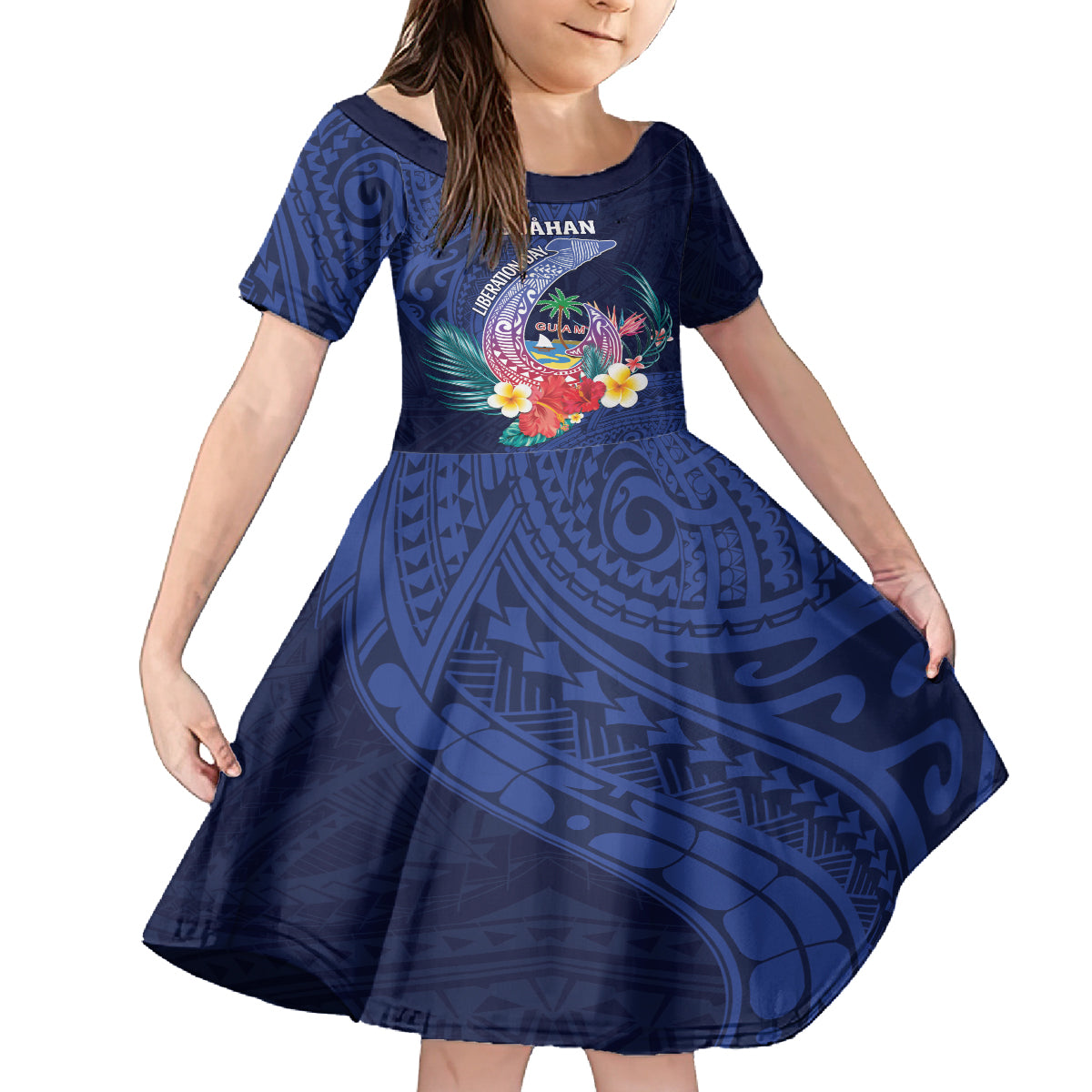 Personalised Guam Liberation Day Kid Short Sleeve Dress Happy 80th Anniversary Fish Hook Mix Tropical Flowers