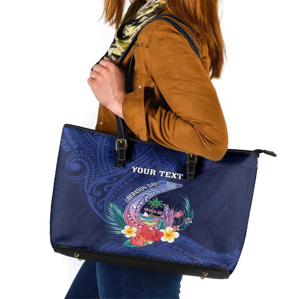 Personalised Guam Liberation Day Leather Tote Bag Happy 80th Anniversary Fish Hook Mix Tropical Flowers LT14 Blue - Polynesian Pride